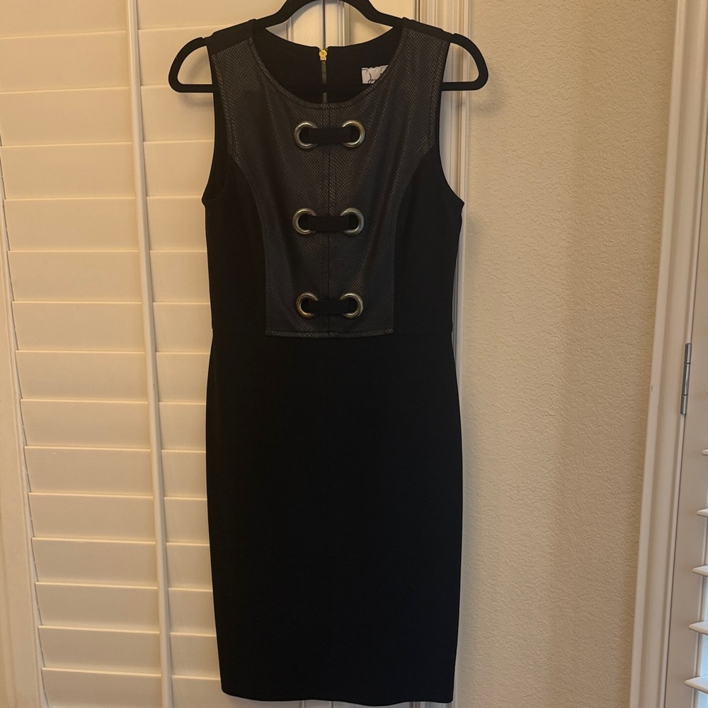 Joseph Ribkoff Black Dress with Faux Leather Bodice & Gold Grommet Details - Picture 4 of 5